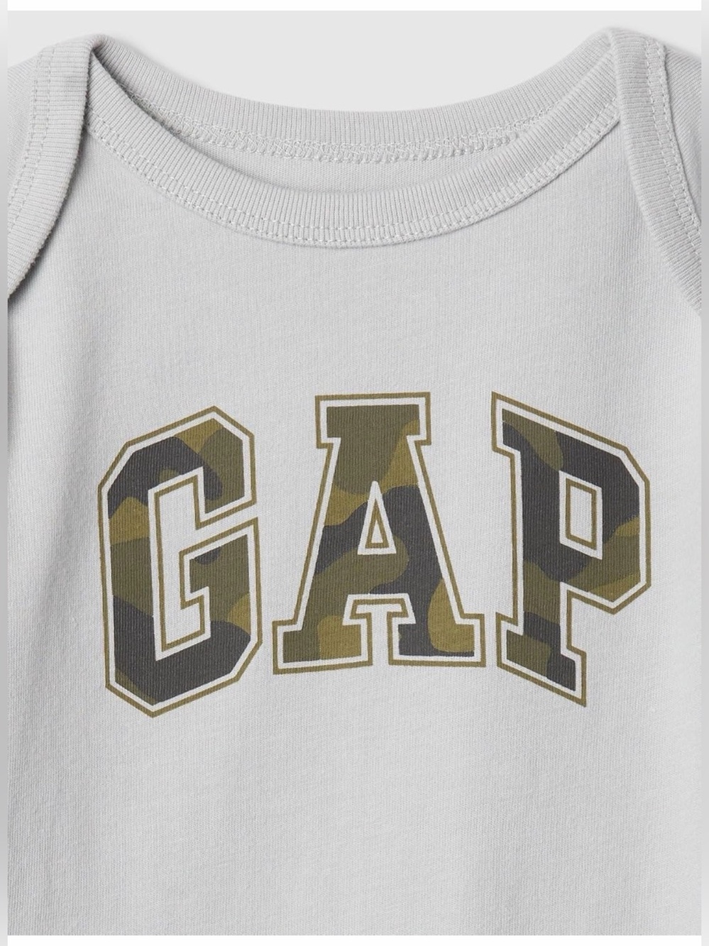 GAP Gray Baby Bodysuit with Green & Tan Camo Logo 2 pack